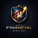 "USA Financial Guide luxury fintech logo with gold shield, growth arrow, and green financial chart on dark background