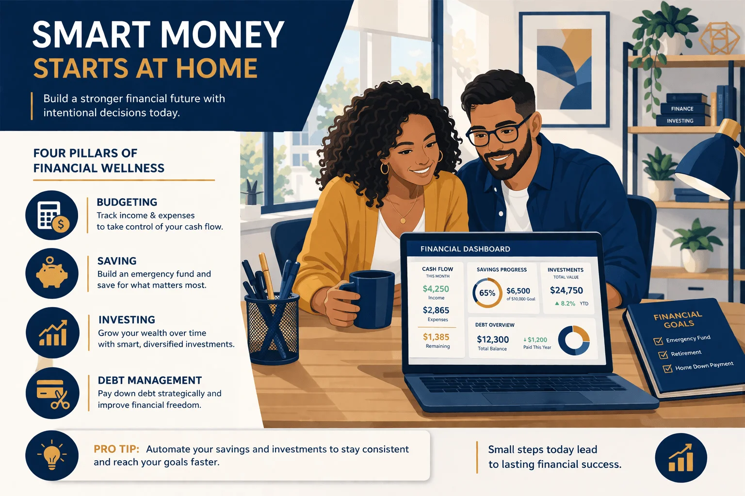 A diverse American couple reviewing their personal finance dashboard on a laptop in a modern home office, representing complete financial planning in 2026